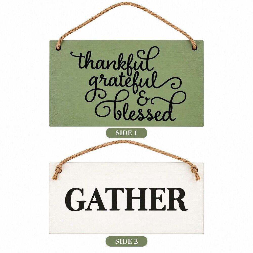 Small Two-Sided Farmhouse Hanging Sign Thankful Grateful Blessed Gather 3.5”x5